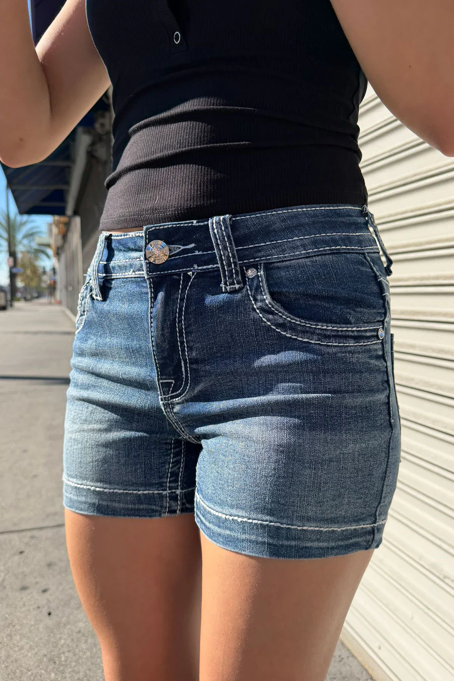 2000s Bedazzled Rhinestone Cross Patch Denim Shorts - Image 3