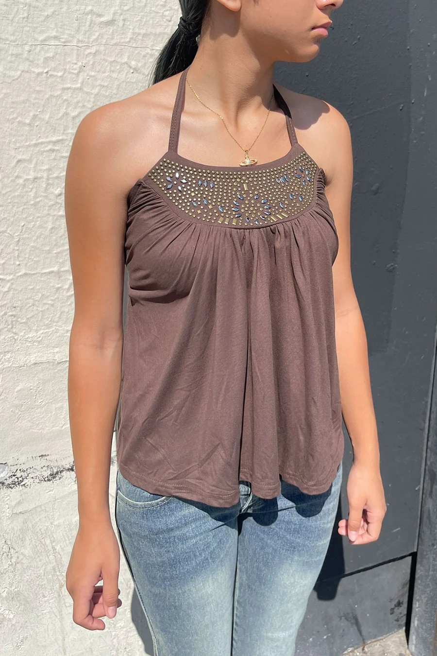 2000s Brass Studded Halter Tie Flowy Sleeveless Top