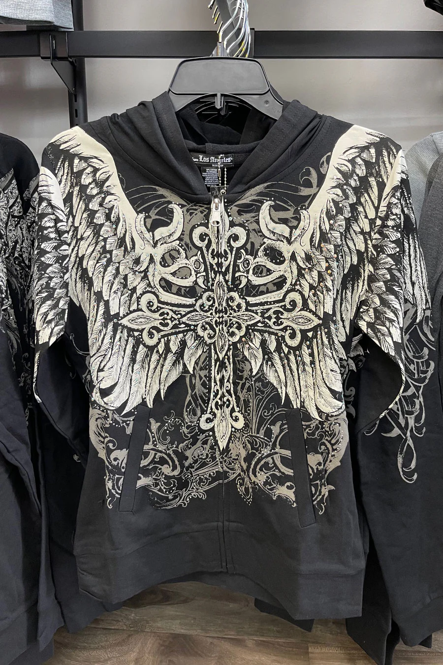 2000s Gothic Cross & Wing Rhinestone Print Front Zip-Up Hoodie Jacket - Image 10