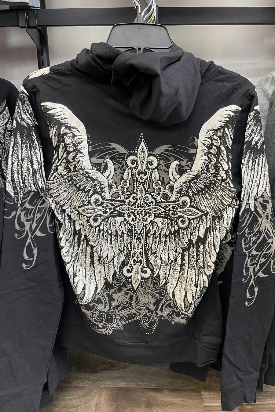 2000s Gothic Cross & Wing Rhinestone Print Front Zip-Up Hoodie Jacket - Image 11