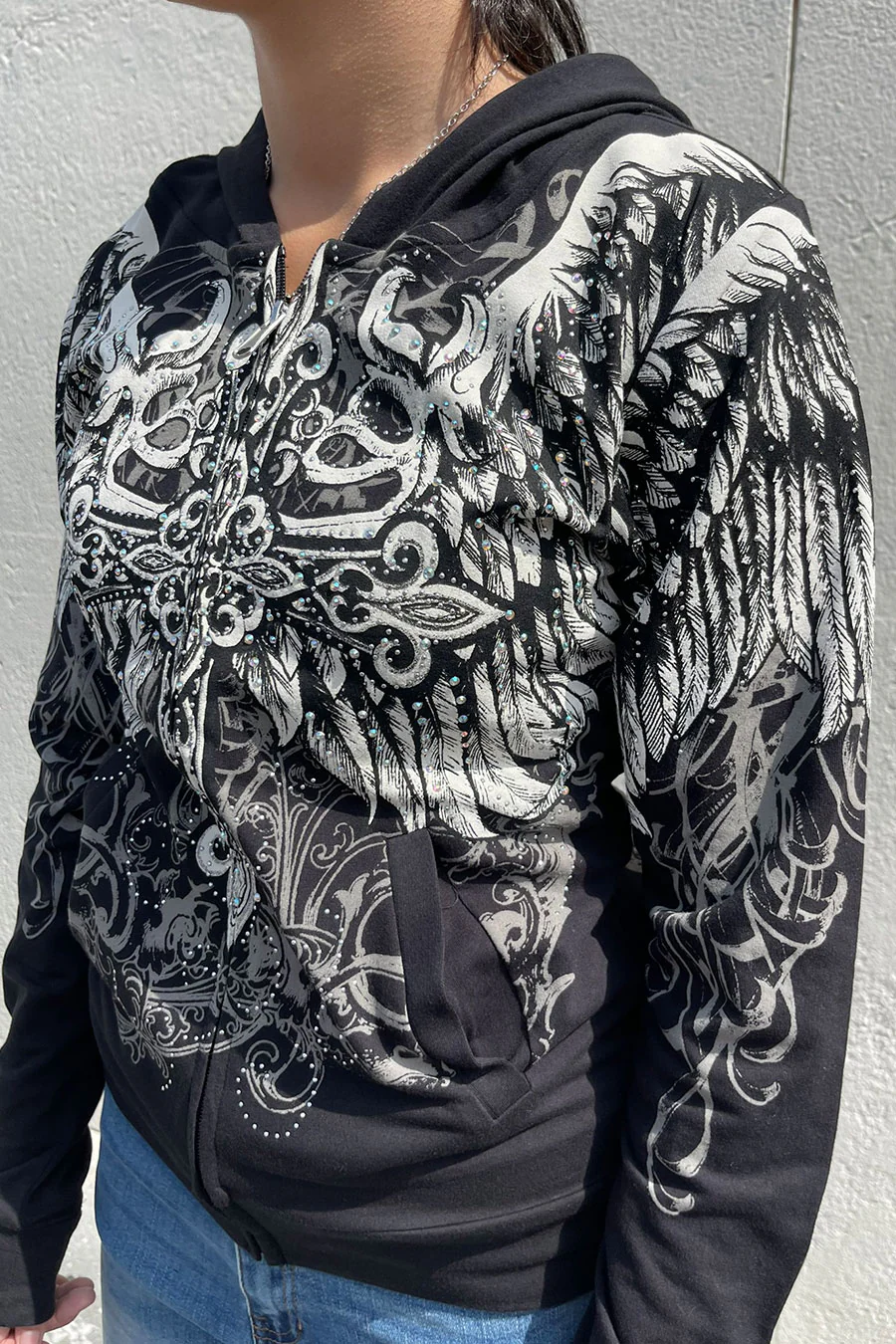2000s Gothic Cross & Wing Rhinestone Print Front Zip-Up Hoodie Jacket - Image 3