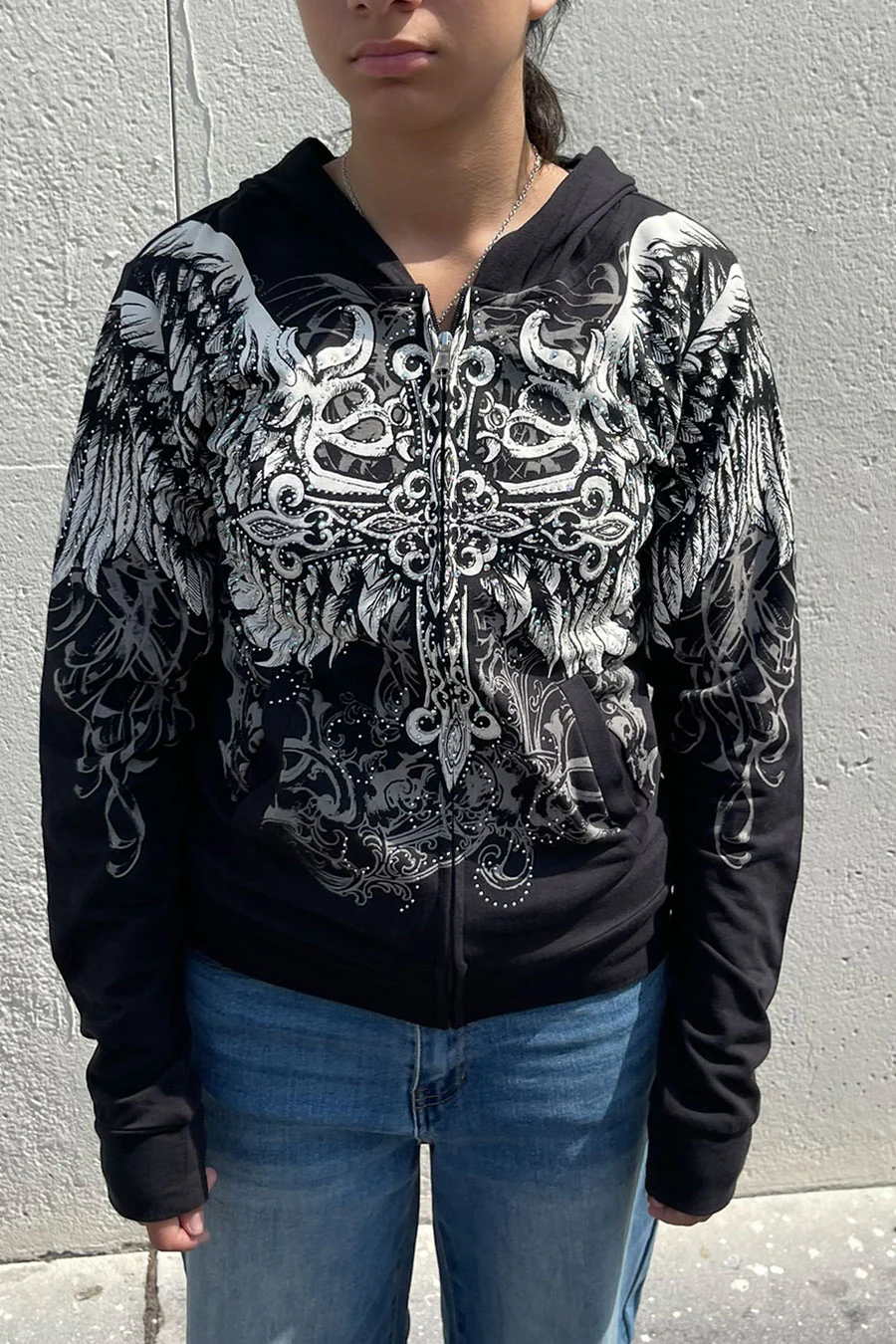 2000s Gothic Cross & Wing Rhinestone Print Front Zip-Up Hoodie Jacket - Image 6