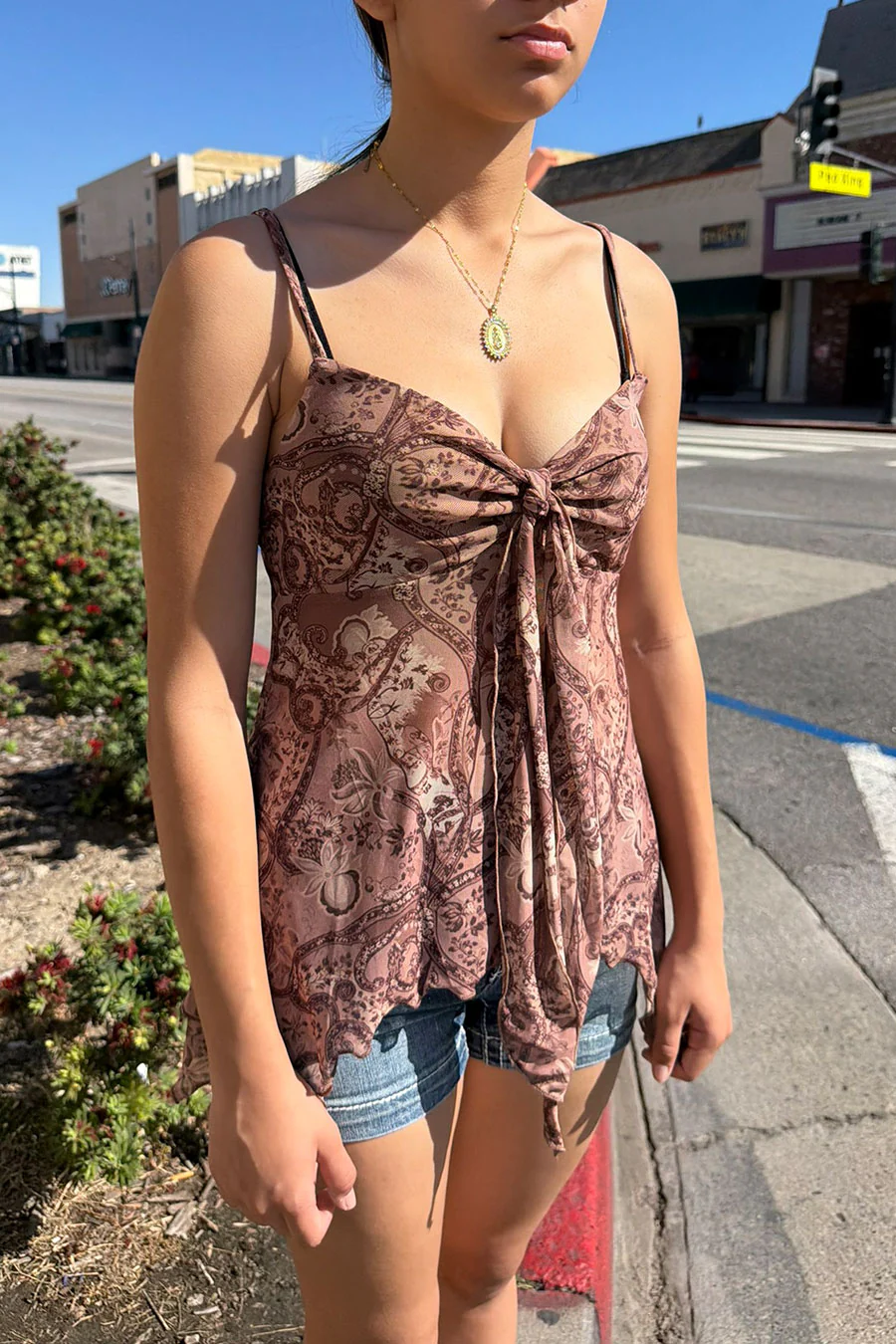 2000s Mesh Vintage Print Self Tie Irregular Hem Cami Top - Image 2