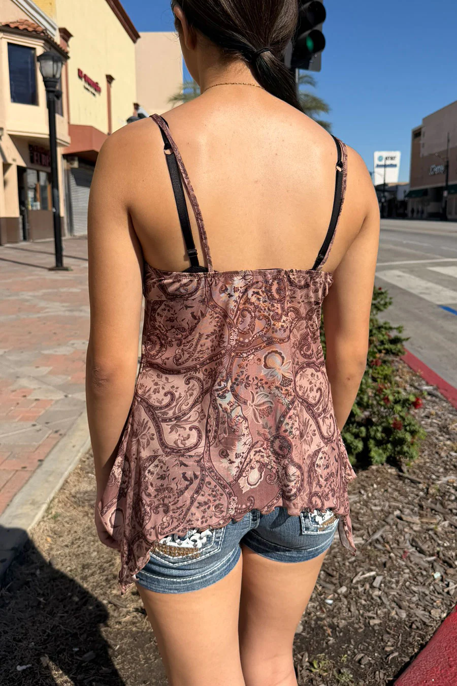 2000s Mesh Vintage Print Self Tie Irregular Hem Cami Top - Image 4