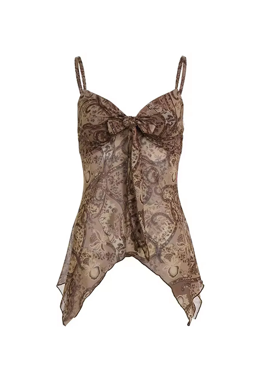 2000s Mesh Vintage Print Self Tie Irregular Hem Cami Top - Image 5