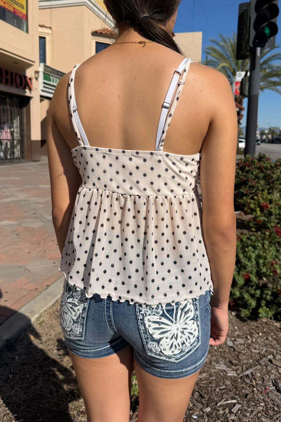 2000s Polka Dot Mesh Boho Baby Doll Flowy Bow Tie Cami Top - Image 4