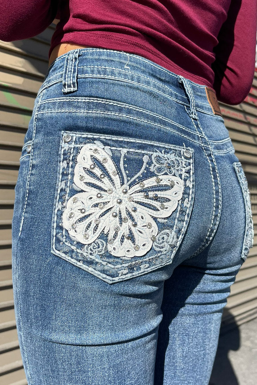 2000s Style Butterfly Patch Rhinestone Bling Back Pocket Bootcut Jean with Good Stretch - Image 2
