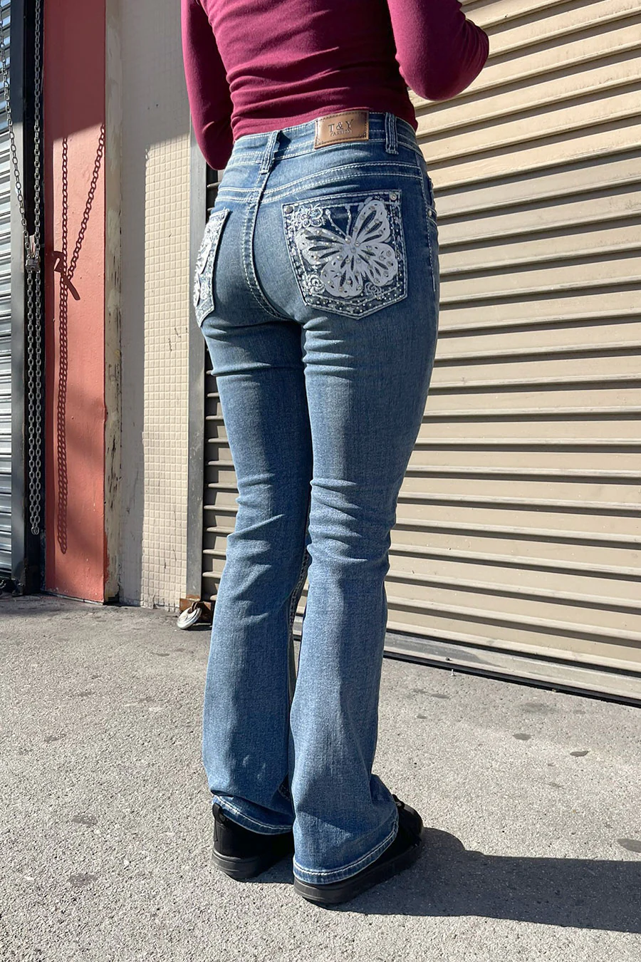 2000s Style Butterfly Patch Rhinestone Bling Back Pocket Bootcut Jean with Good Stretch - Image 3