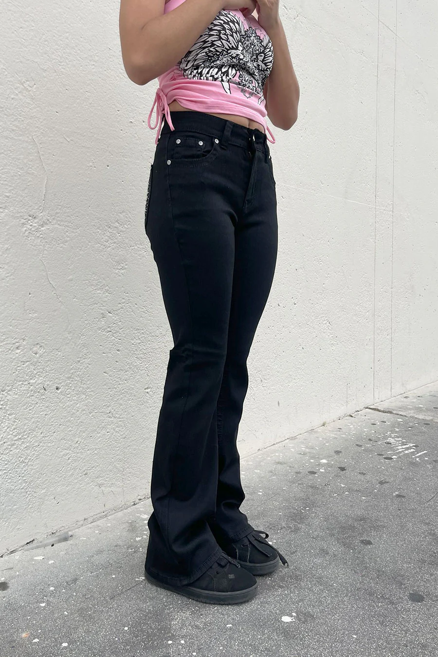 2000s Style Cross Rhinestone Bling Back Pocket Bootcut Black Jean with Good Stretch - Image 4