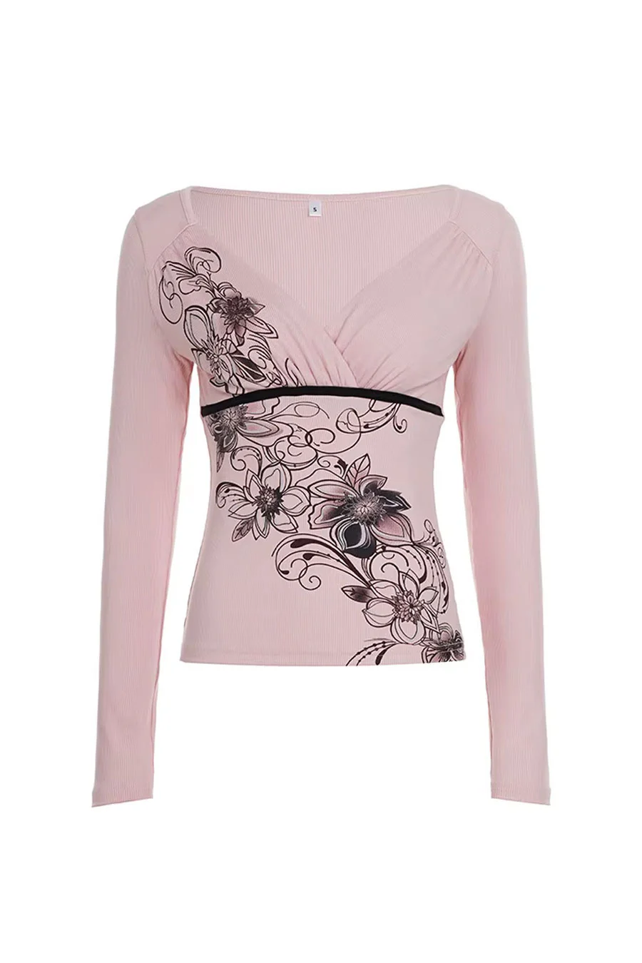 2000s Vintage Floral Print Long Sleeve Ribbed Surplice Top with Contrast Detail - Image 5