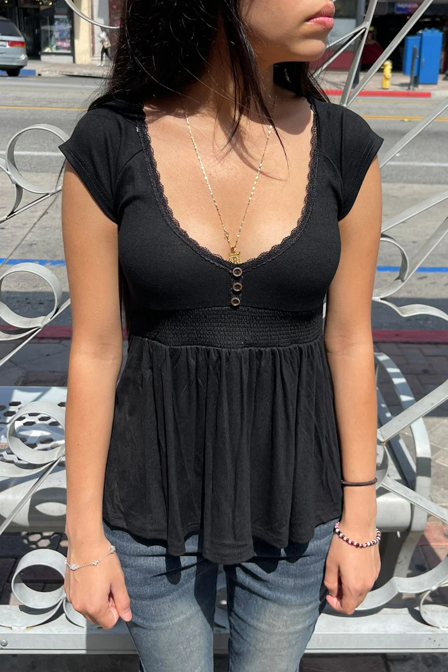 2000s Vintage Plunging Neck Babydoll Short Sleeve Top