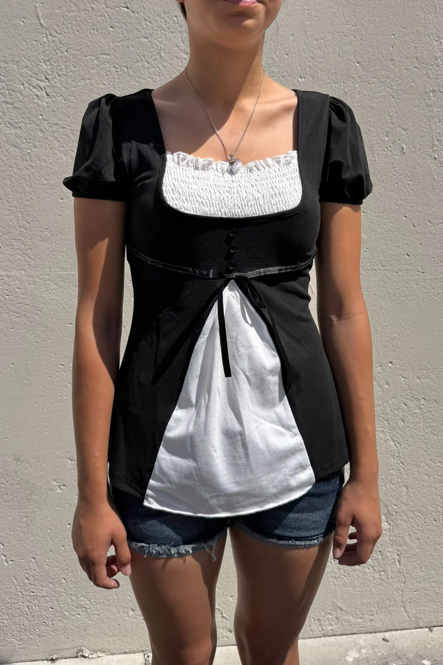 2000s Y2K Fairy Grunge Vintage Style Puff Sleeve Contrast Layered Bow Blouse Top