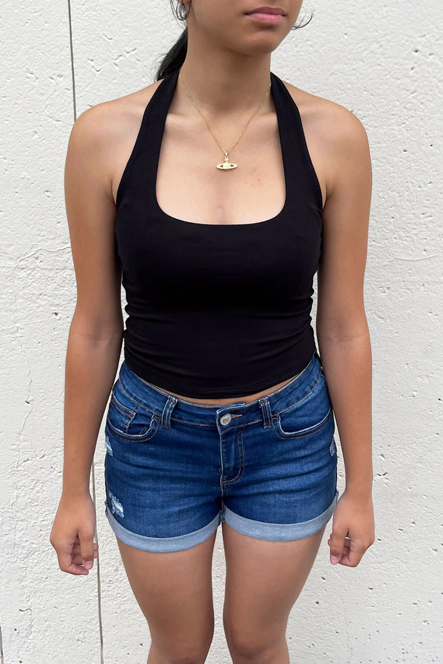 Basic Cotton Blend Double-Layer Square Neck Halter Top - Image 4