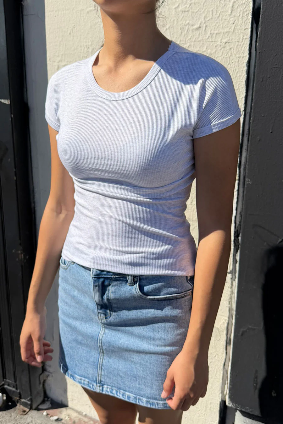 Basic Short Sleeve Crew Neck Fitted Rib Knit Top