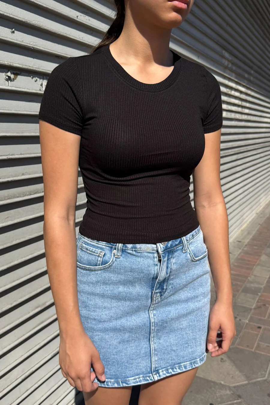 Basic Short Sleeve Crew Neck Rib Crop Top - Image 3