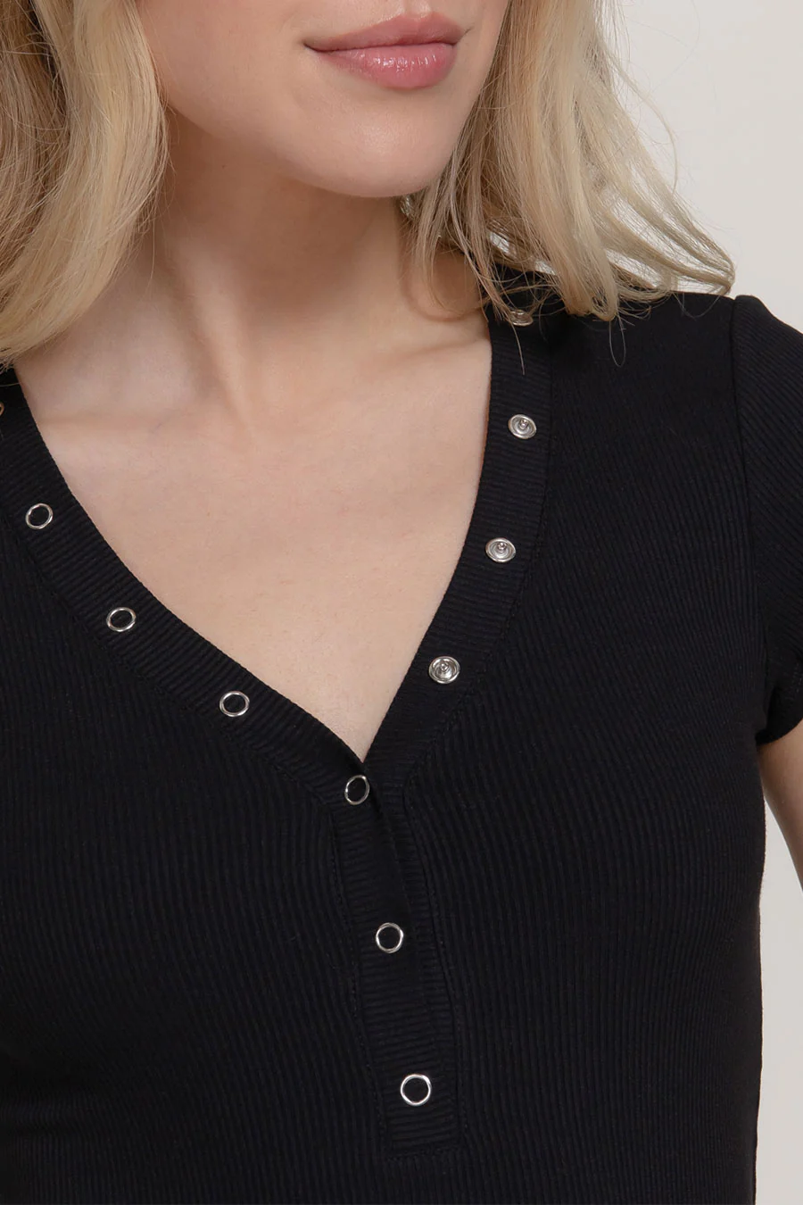 Cap Sleeve Snap Button V-Neck Rib Knit Top - Image 5