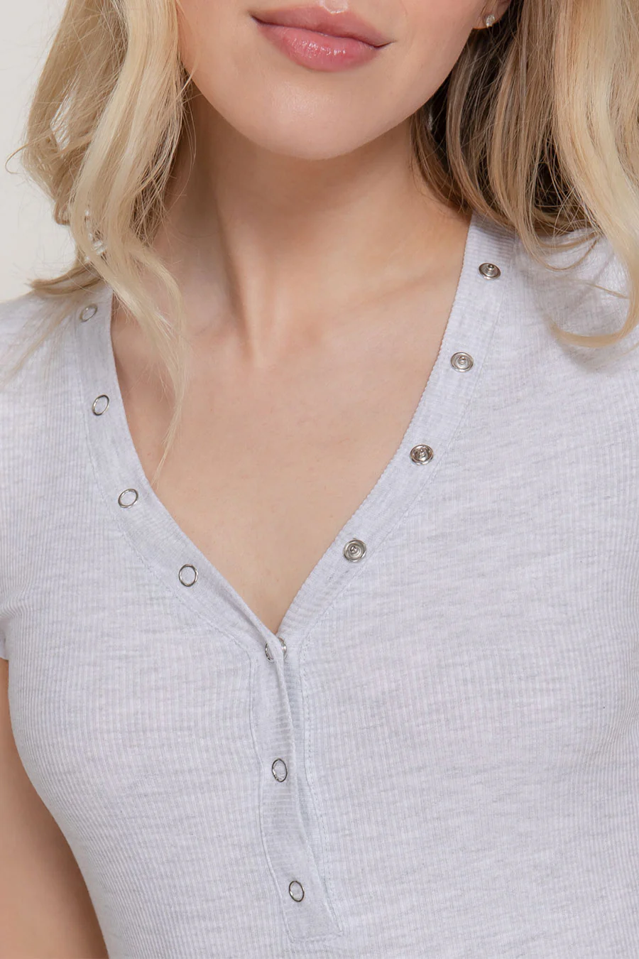 Cap Sleeve Snap Button V-Neck Rib Knit Top - Image 7