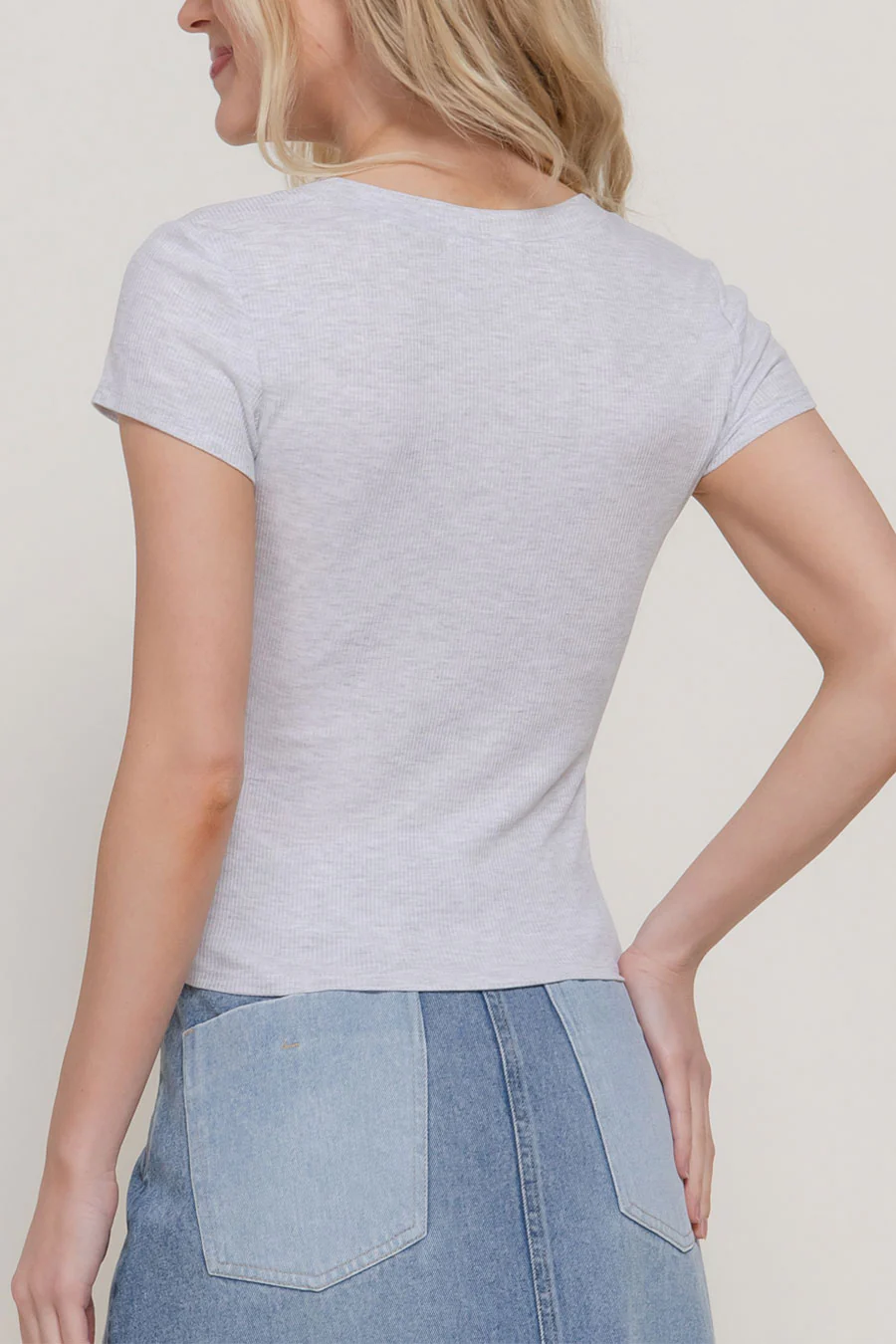 Cap Sleeve Snap Button V-Neck Rib Knit Top - Image 8