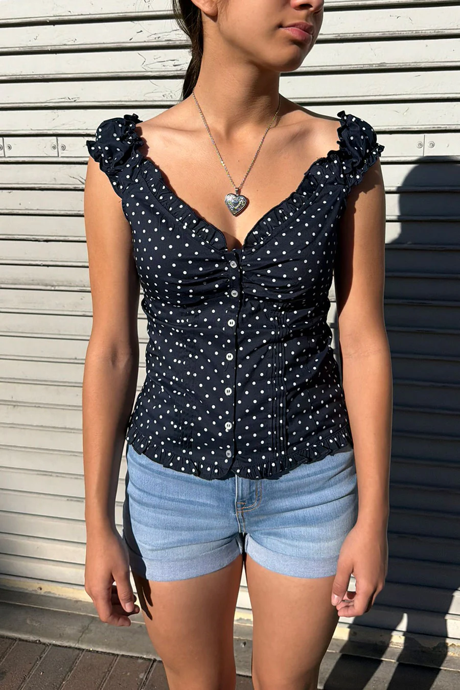 Clean Girl Polka Dot Ruffled Short Sleeve Shirt Top - Image 5