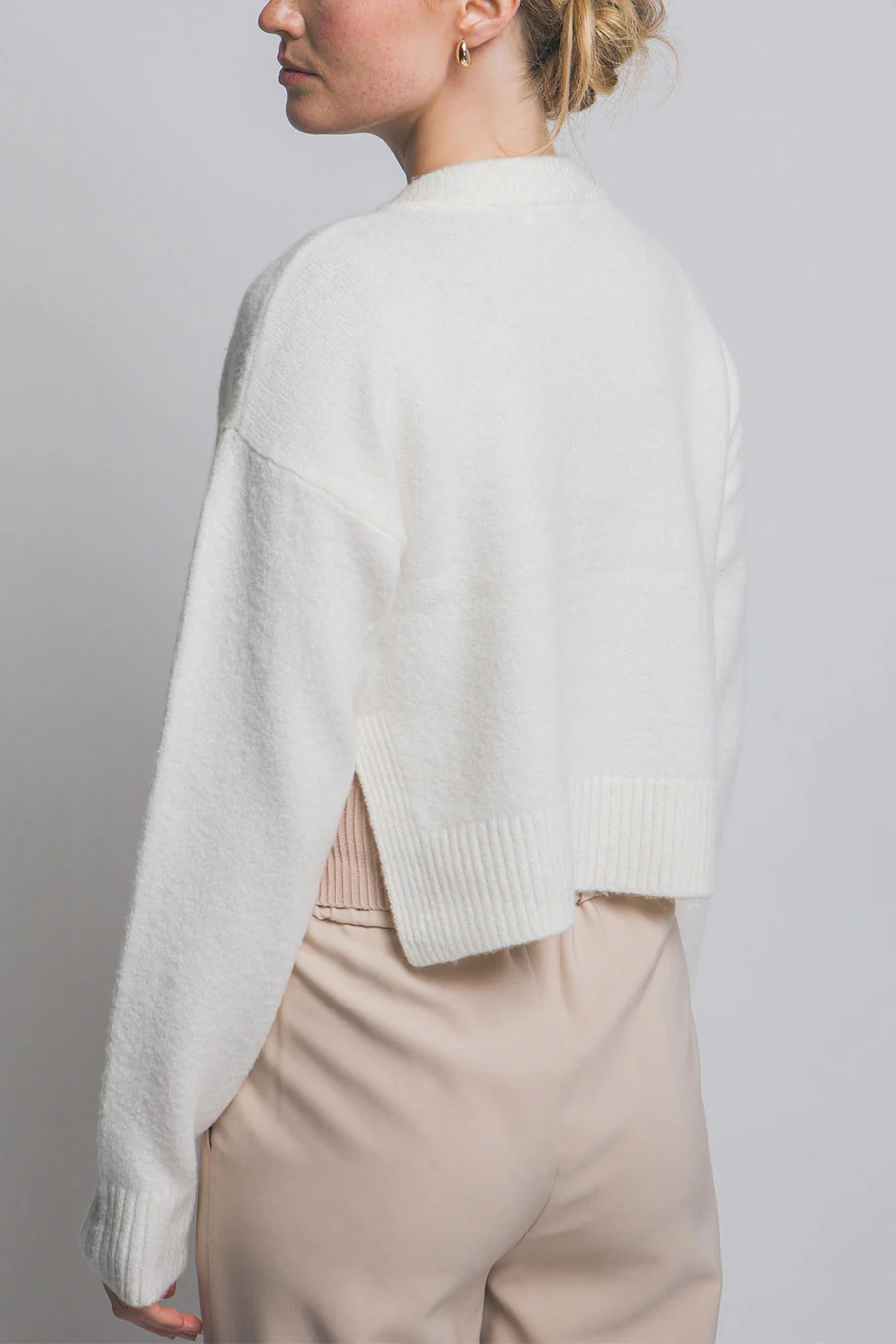 Crew Neck Button-Front Sweater Cardigan with Side Slit - Image 10