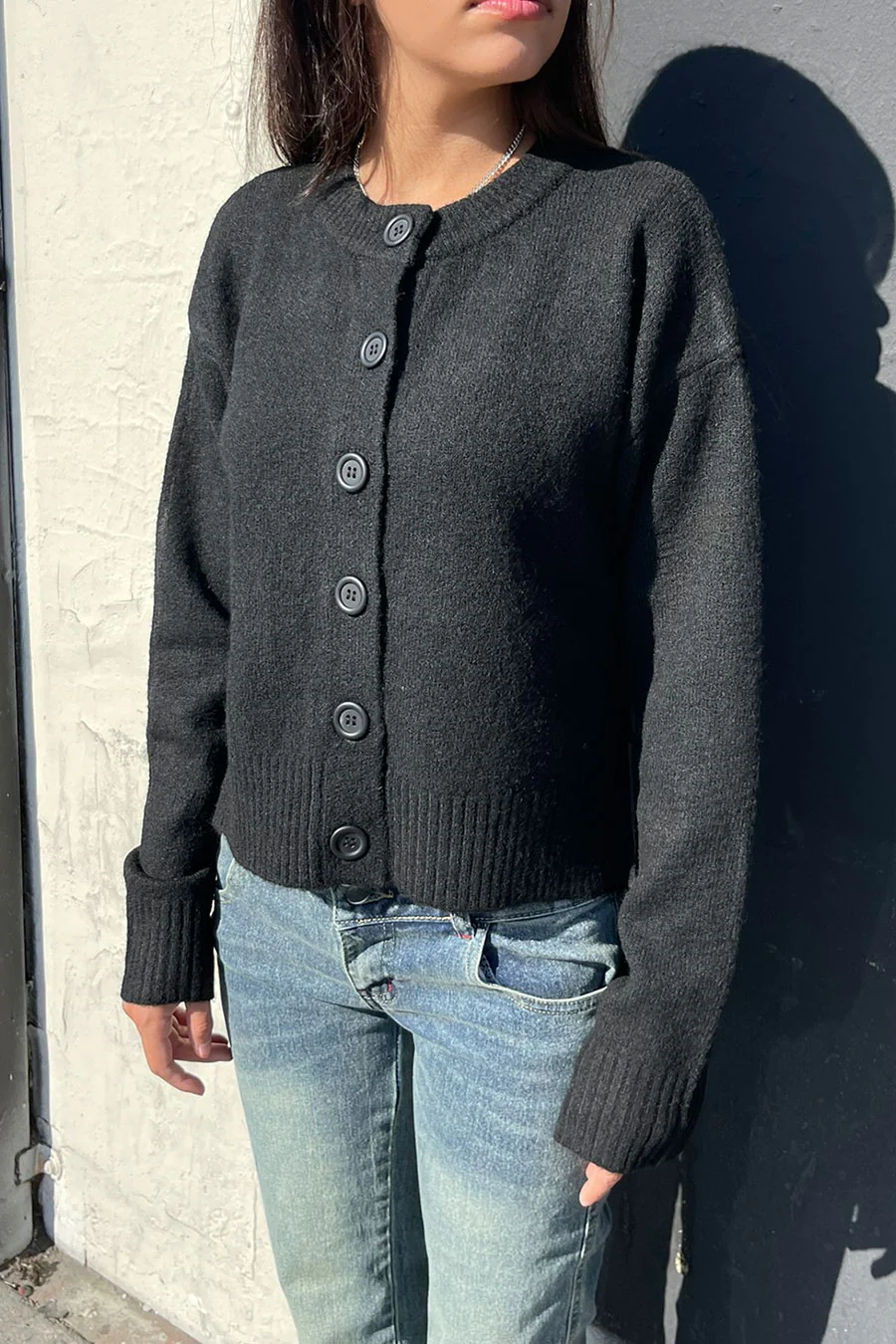 Crew Neck Button-Front Sweater Cardigan with Side Slit - Image 11