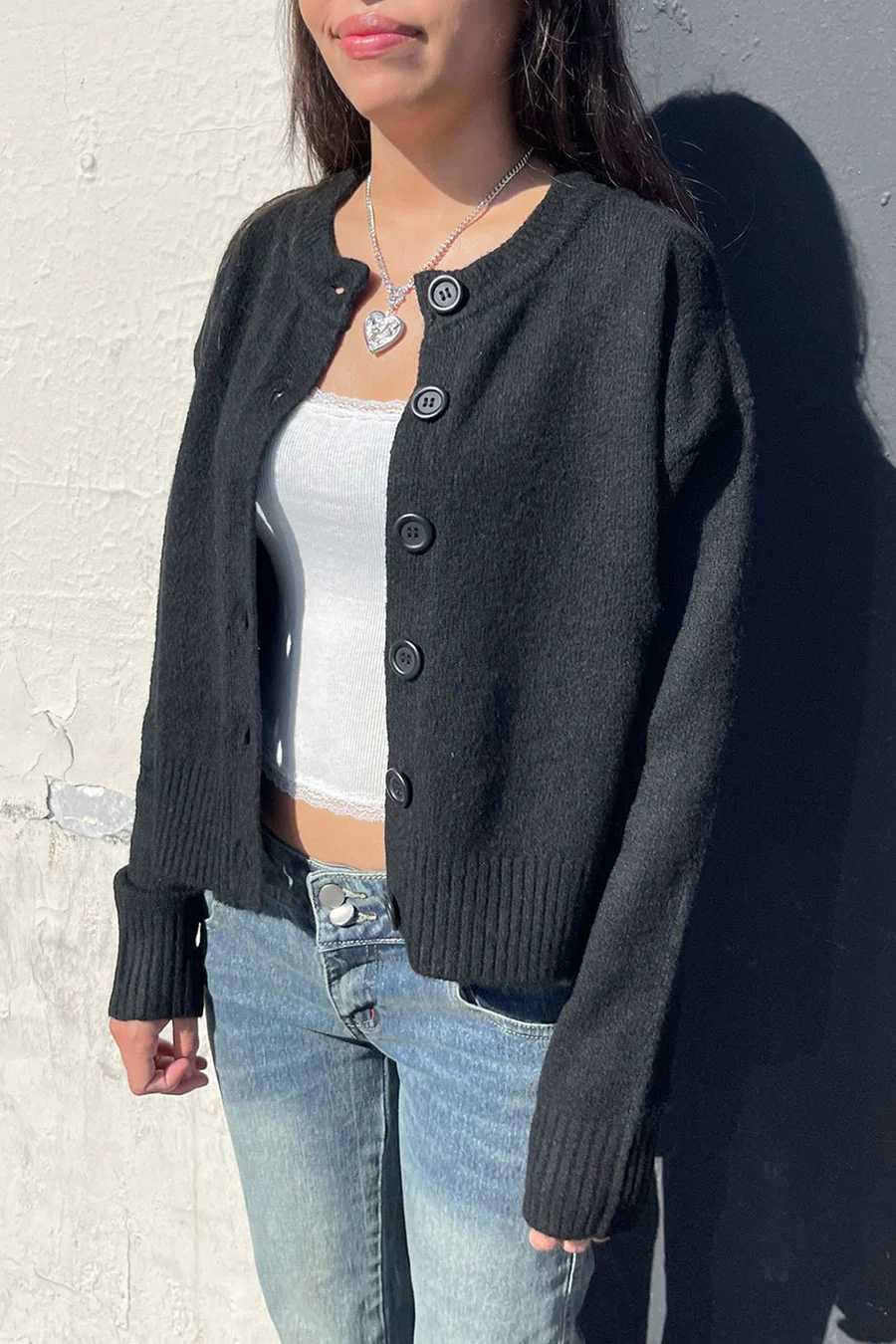 Crew Neck Button-Front Sweater Cardigan with Side Slit - Image 12