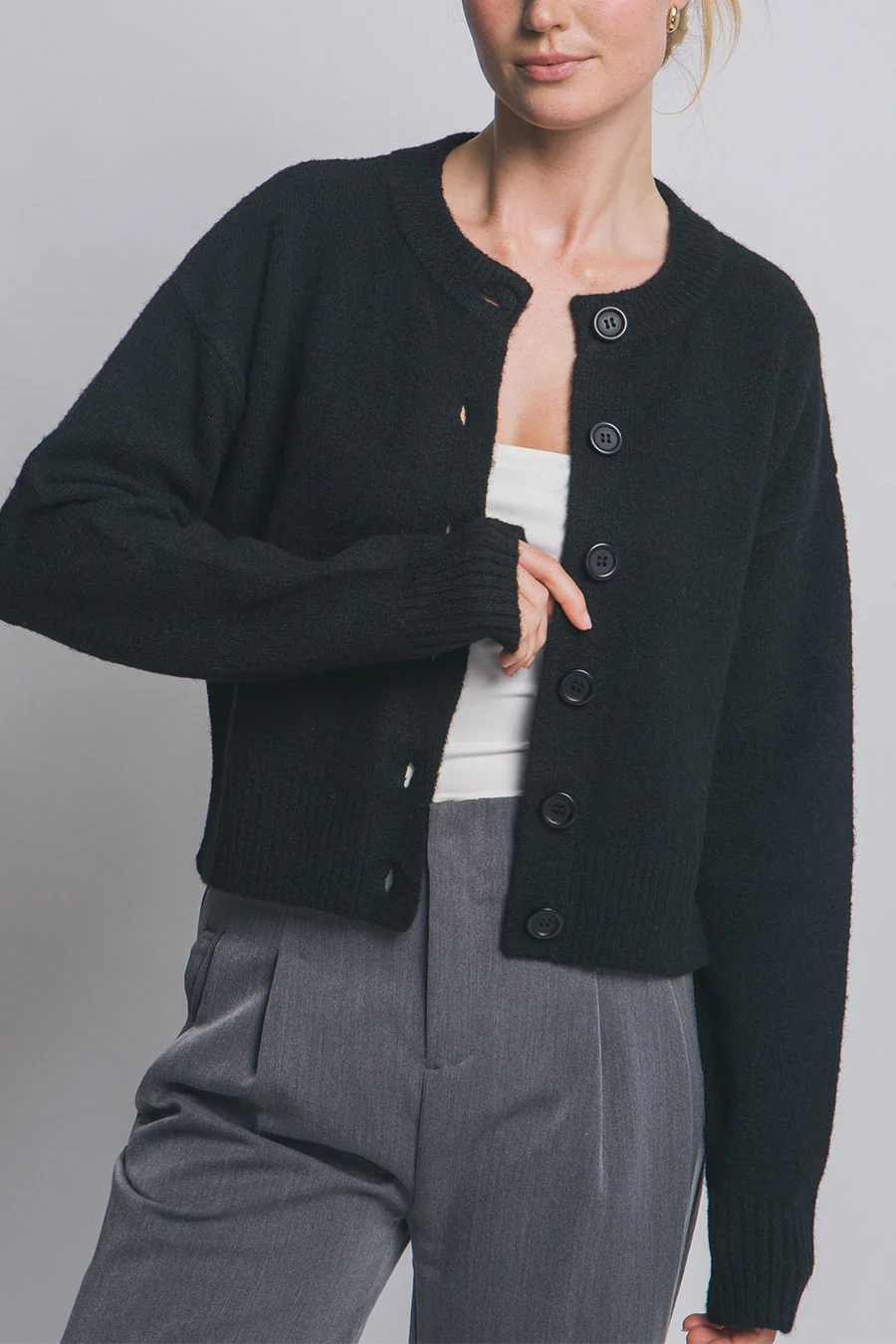 Crew Neck Button-Front Sweater Cardigan with Side Slit - Image 4