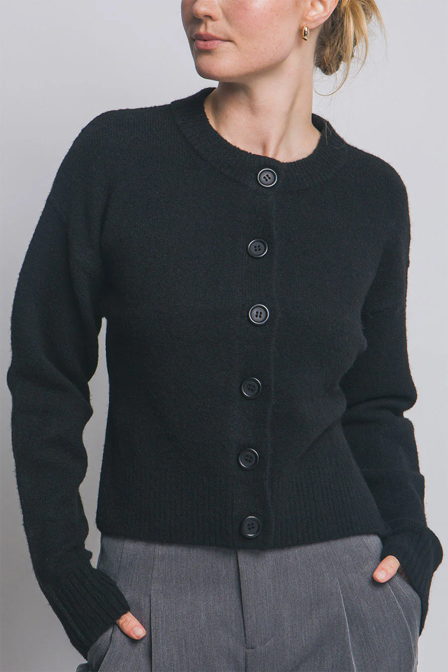 Crew Neck Button-Front Sweater Cardigan with Side Slit - Image 5