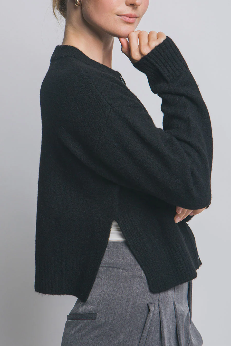 Crew Neck Button-Front Sweater Cardigan with Side Slit - Image 6