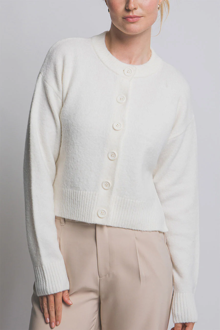 Crew Neck Button-Front Sweater Cardigan with Side Slit - Image 8