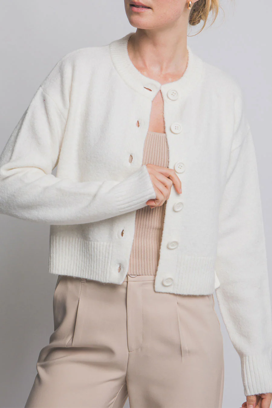Crew Neck Button-Front Sweater Cardigan with Side Slit - Image 9