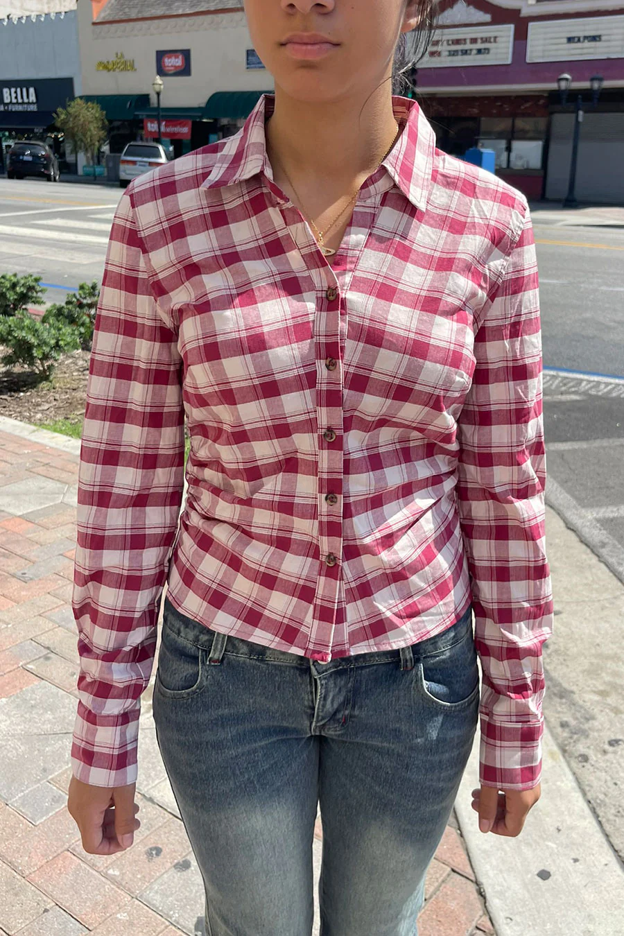 Downtown Girl Fitted Button-Up Plaid Shirt - Image 11