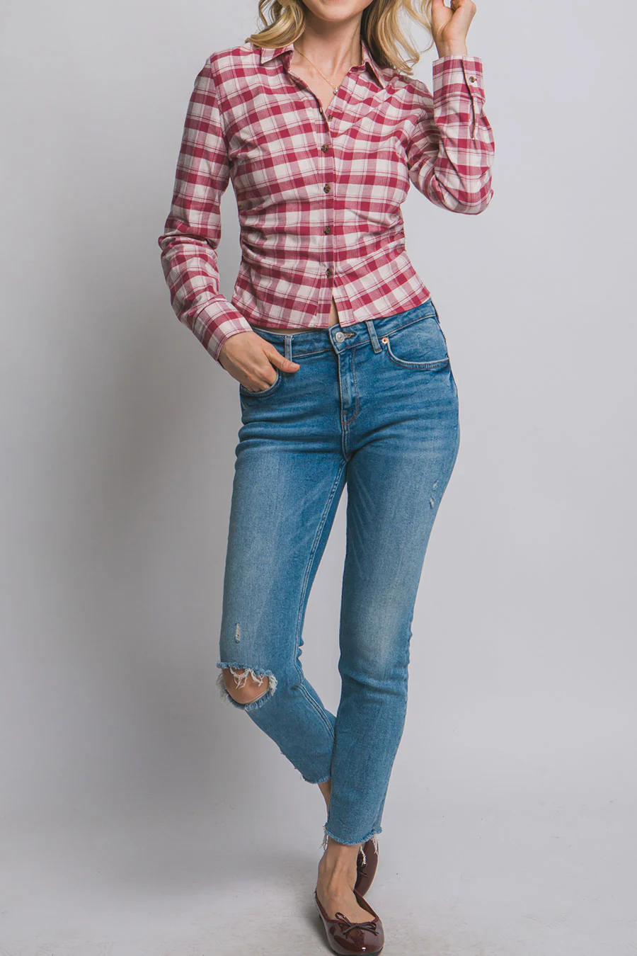 Downtown Girl Fitted Button-Up Plaid Shirt - Image 6