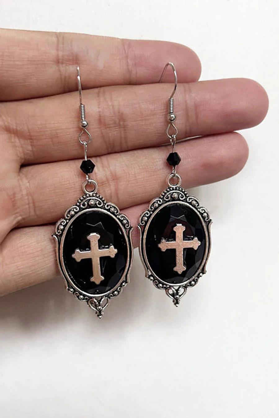 Gothic Cross Charm Faux Onyx Drop Earrings - Image 2