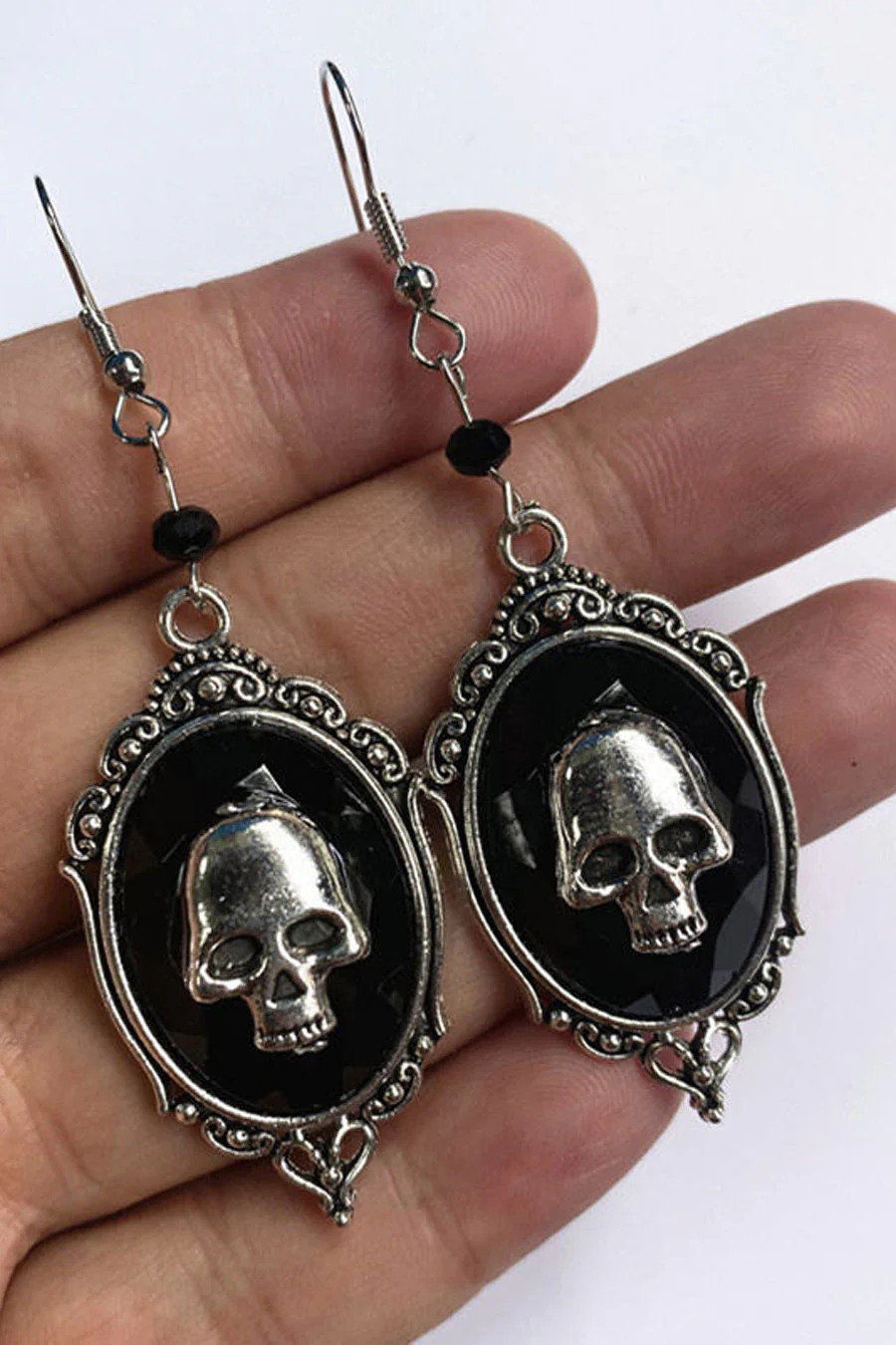 Gothic Skull Charm Faux Onyx Drop Earrings - Image 2