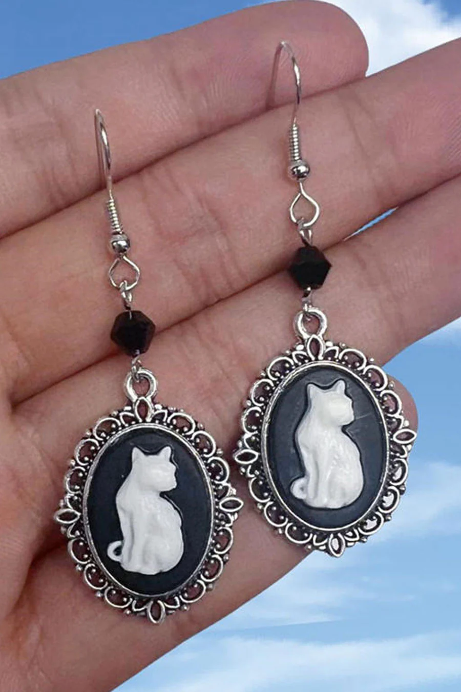 Gothic White Cat Charm Drop Earrings - Image 2