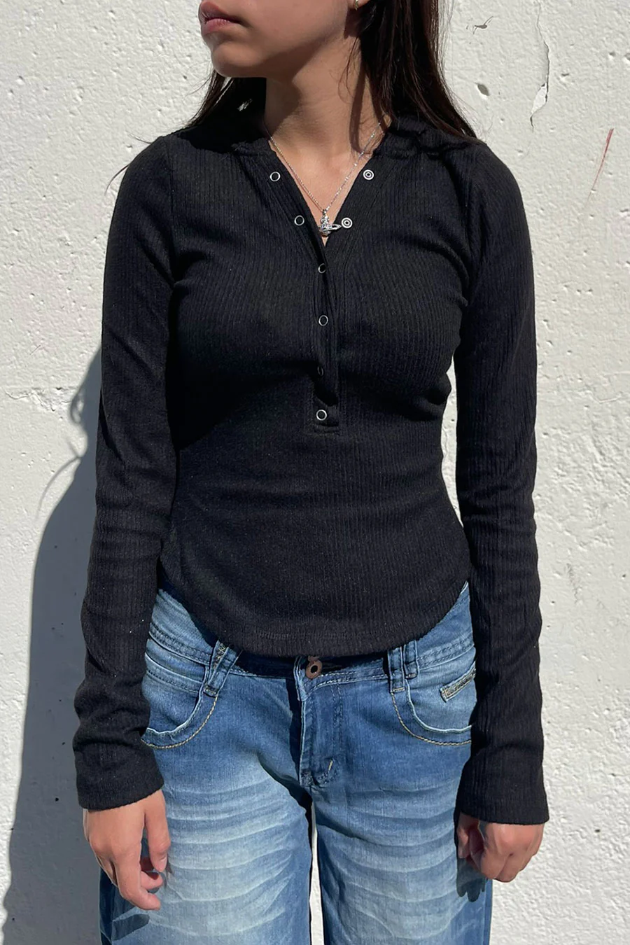 Henley Snap Button Hoodie Brushed Hacci Rib Long Sleeve Top - Image 3