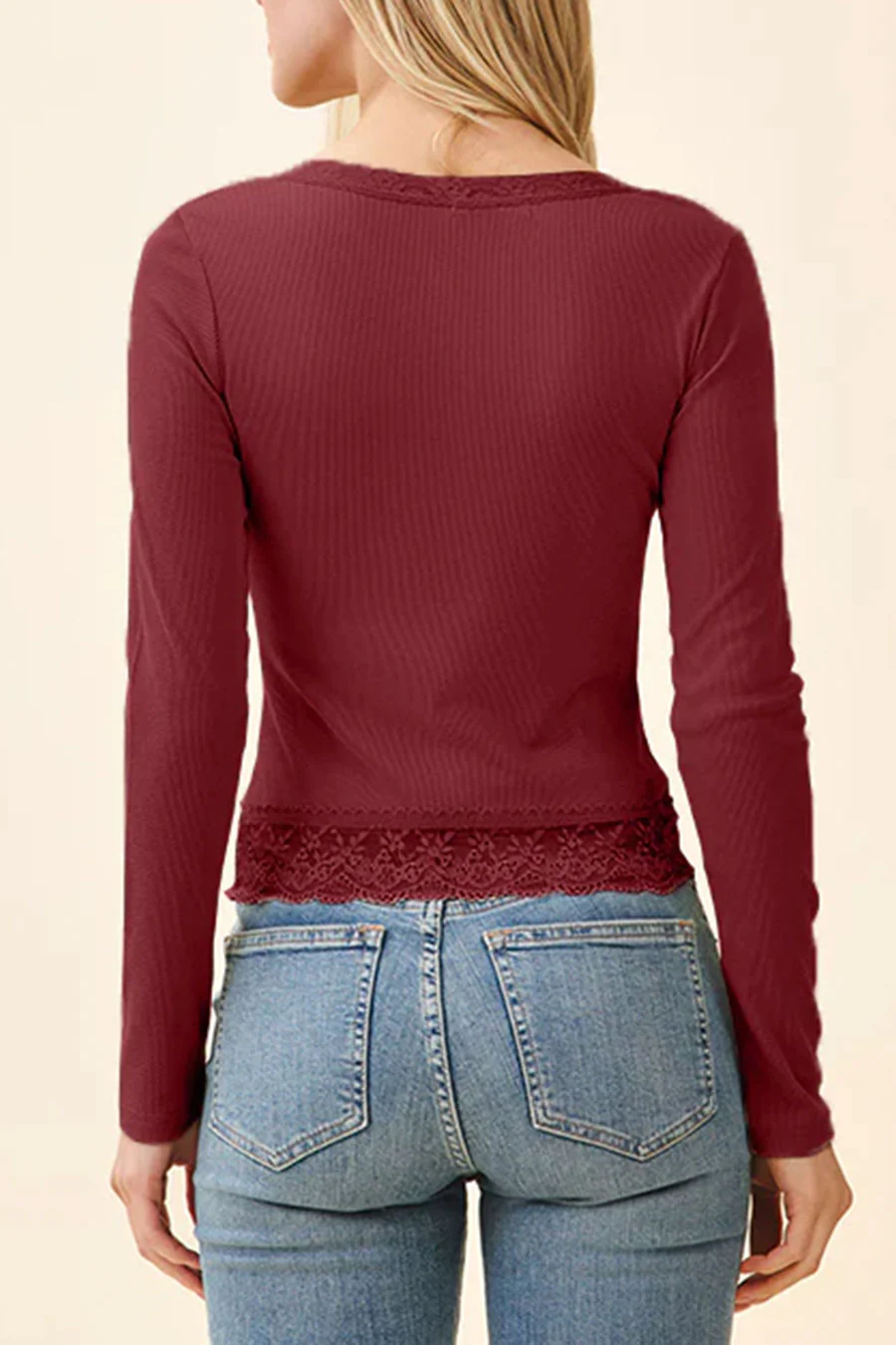 Lace Henley Neck Button Front Rib Knit Top with Lace Hem - Image 13