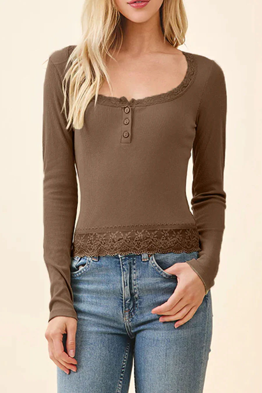 Lace Henley Neck Button Front Rib Knit Top with Lace Hem - Image 5