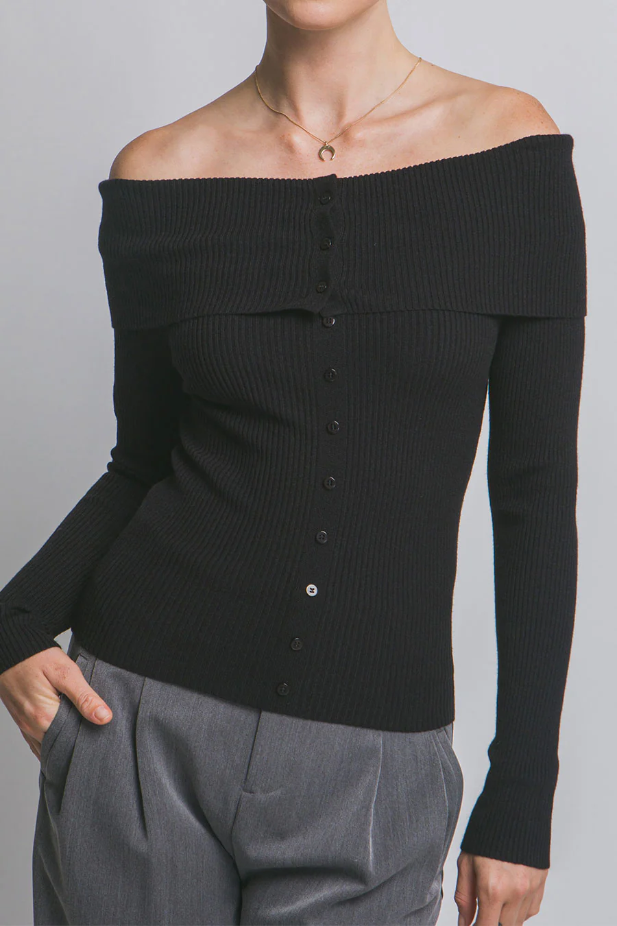 Off Shoulder Button-Down Design Ribbed Sweater Top - Image 10