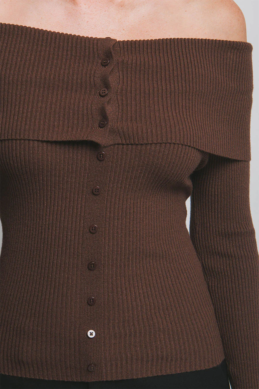 Off Shoulder Button-Down Design Ribbed Sweater Top - Image 8