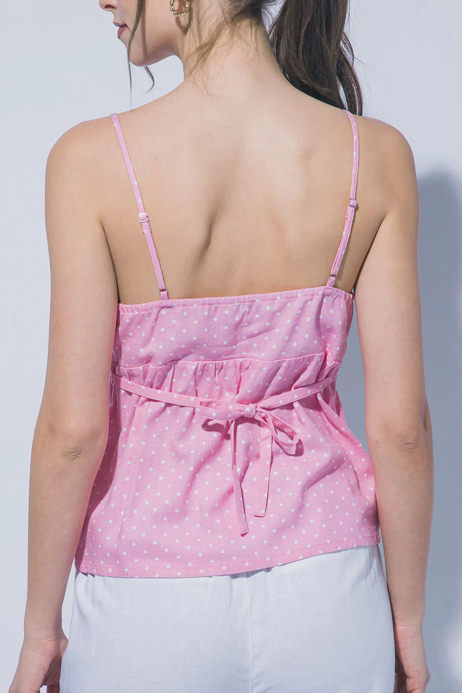 Polka Dot Print Picot Edge V-Neck Cami Tank Top with Self Back Tie - Image 3