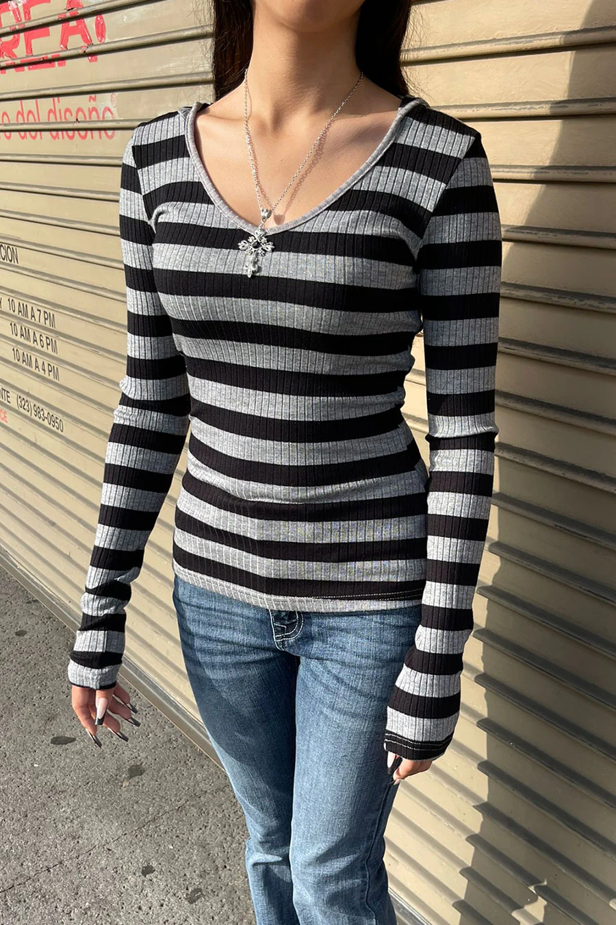Pullover Hoodie V-Neck Striped Long Sleeve Sweater Top