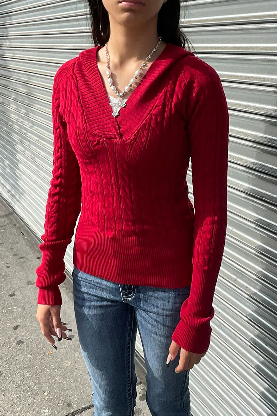 2000s Pullover Wide V-Neck Long Sleeve Cable Knit Sweater Top - Image 4