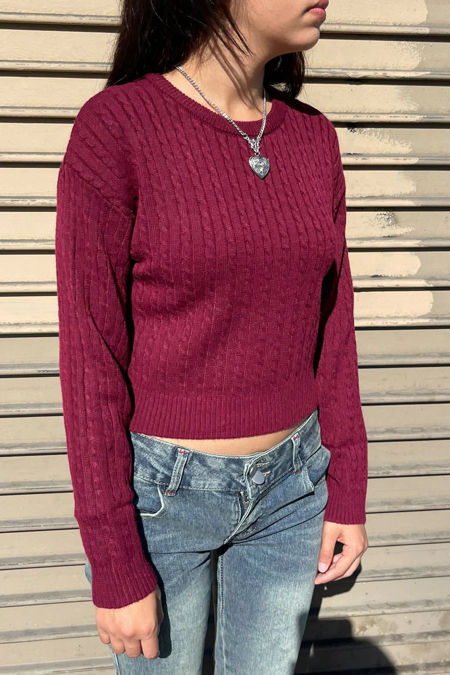 Soft Feel Crew Neck Cable Knit Long Sleeve Cropped Sweater - Image 4
