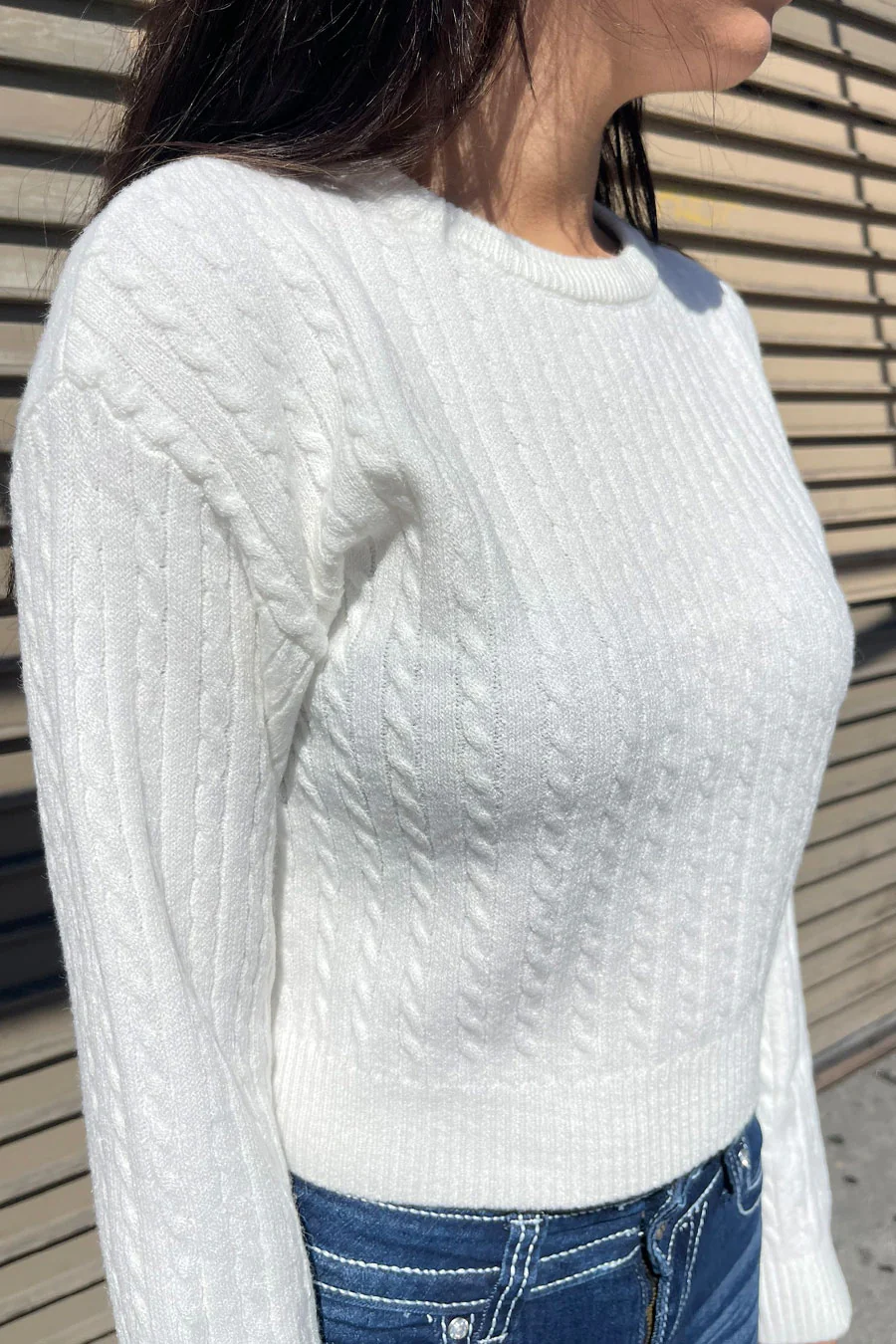 Soft Feel Crew Neck Cable Knit Long Sleeve Cropped Sweater - Image 7