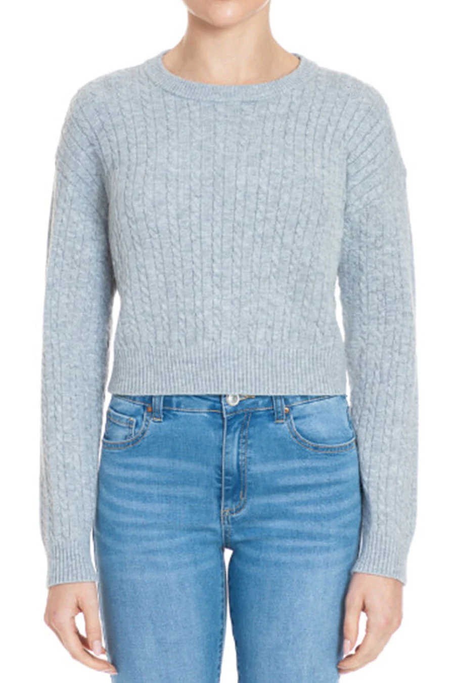 Soft Feel Crew Neck Cable Knit Long Sleeve Cropped Sweater - Image 8