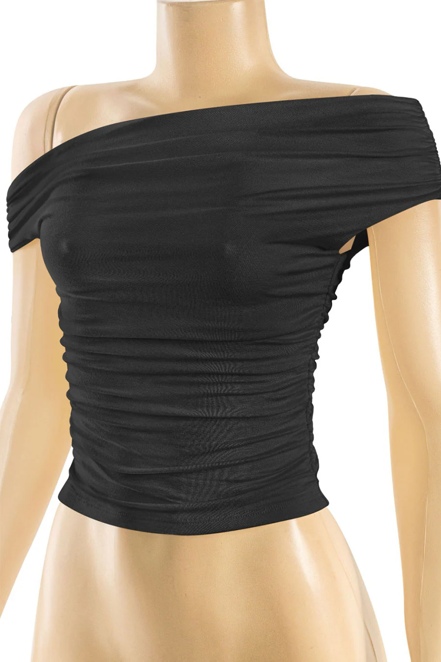 Tresser™ Asymmetrical Off Shoulder Ruched Crop Top (Double-Layer) - Image 4