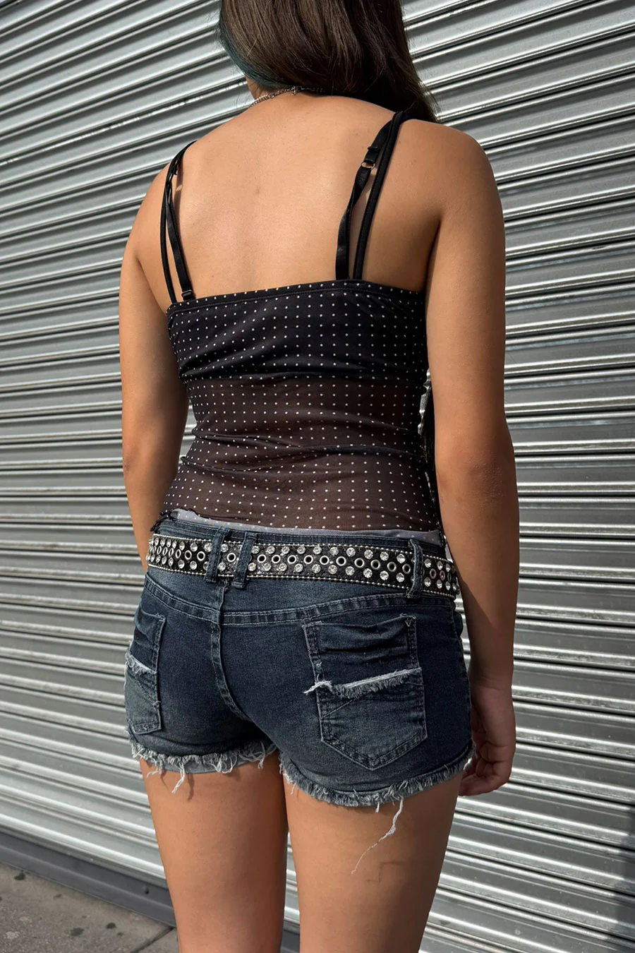 Y2K 2000s Low-Rise Distressed  Dark Wash Denim Shorts with Frayed Folded Hem - Image 6
