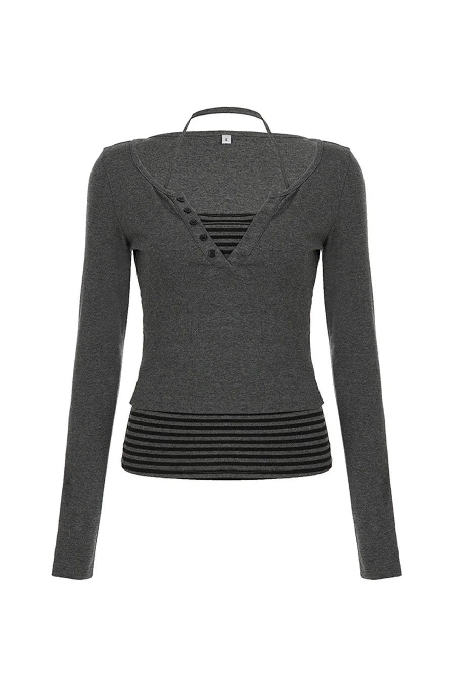 Y2K Button-Front Henley Long Sleeve Top & Stripped Halter Cami Top 2pc Set - Image 10